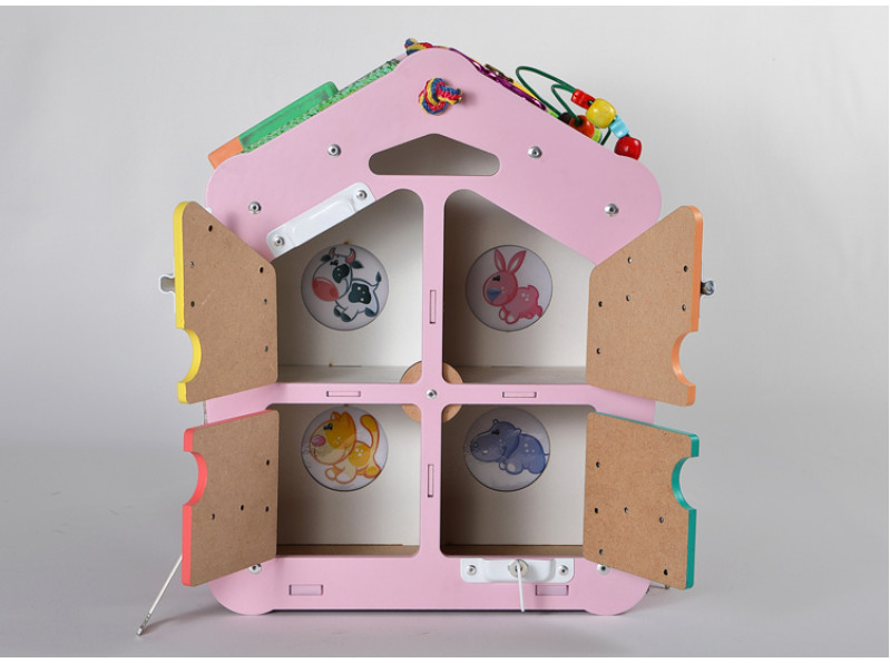 Бізіборд-будиночок «Смайлик Кольоровий зі світлом» 40x34x37 см у рожевому та блакитному кольорі, розвиваюча дошка для хлопчиків та дівчаток від 8 місяців до 5 років, ChiDe