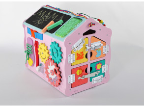 Бизиборд-домик «Смайлик Цветной с музыкой» 40x34x37 см в розовом и голубом цвете, развивающая доска для мальчиков и девочек от 8 месяцев до 5 лет, ChiDe